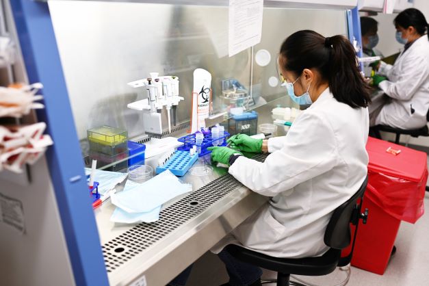 female scientist working in a hood